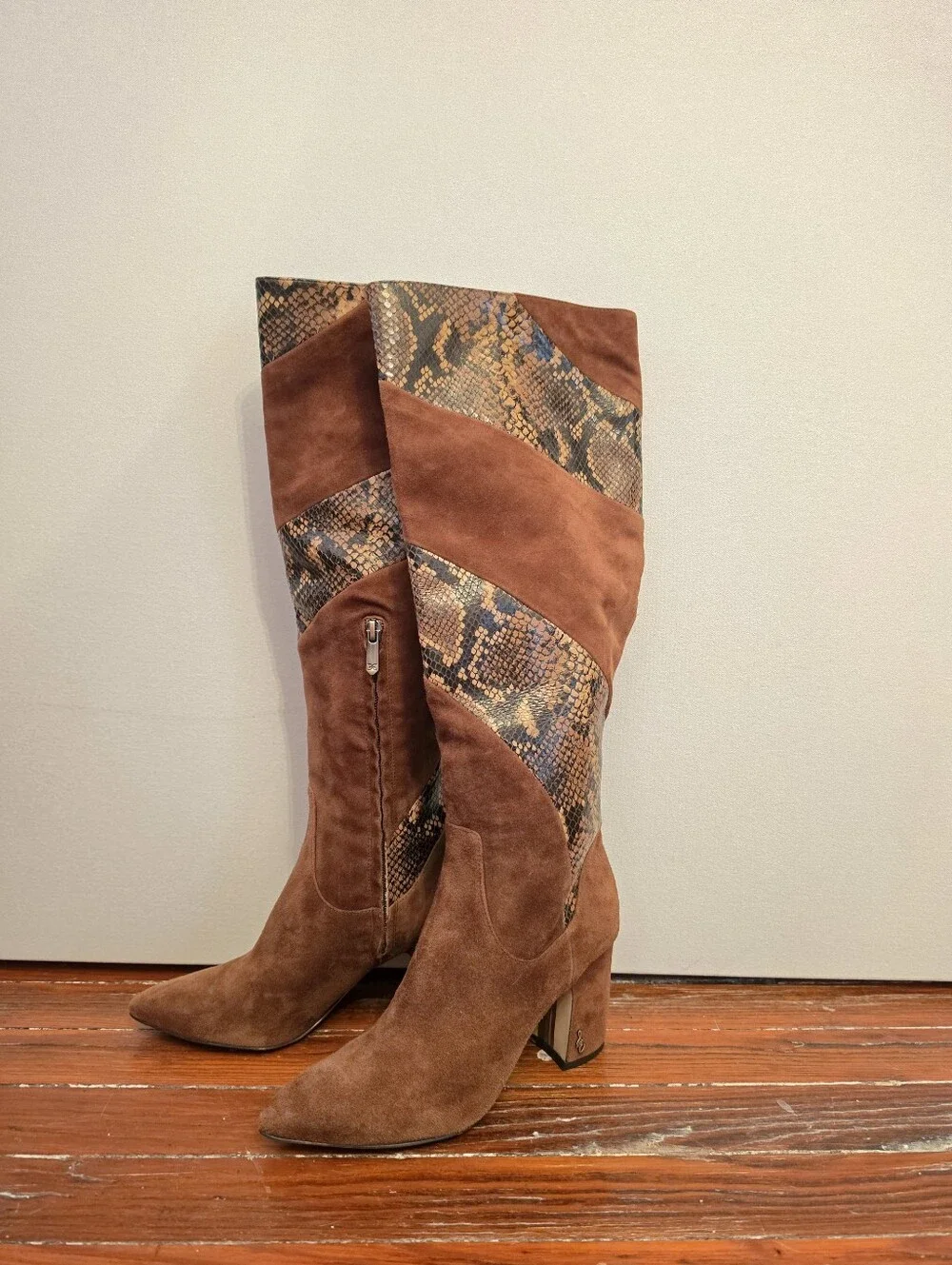 Sam Edelman Brown Suede Over-the-Knee Boots with Snake-Print Panels